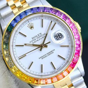 ROLEX MEN'S DATEJUST WATCH GOLD STEEL FACTORY WHITE DIAL RAINBOW BEZEL 36MM